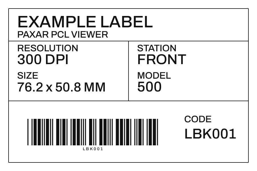 Example label rendered by Labelisk, showing text, a frame and a barcode.